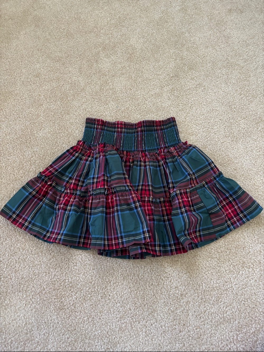 Smocked Plaid Tiered Skirt in Red and Green